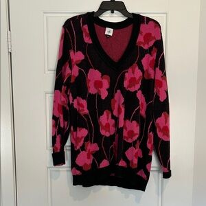 CAbi Black and Pink V-Neck Floral Sweater